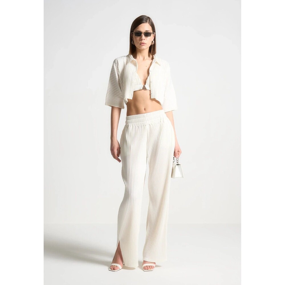 Maniere De Voir Pleated Wide Leg Trouser Split Hem Pant Beige Coastal Size 6